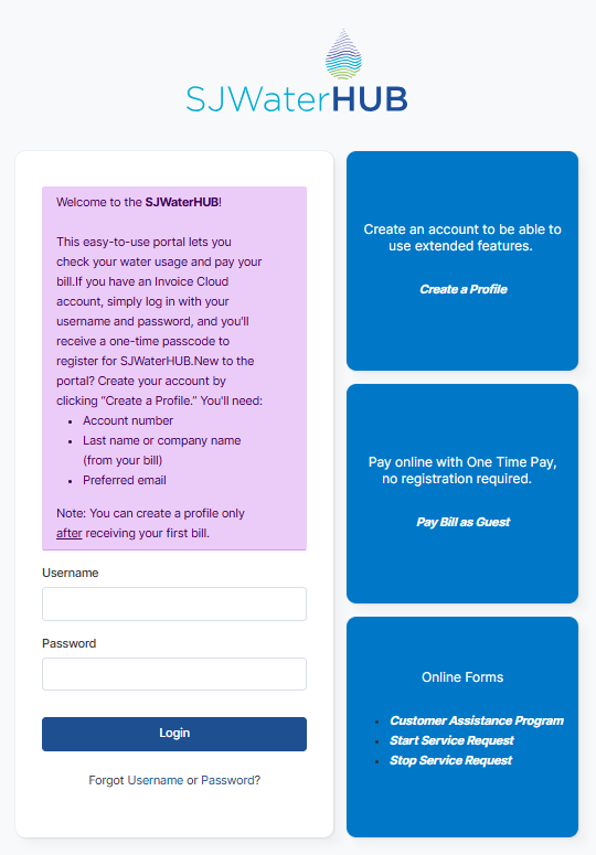 SJWater HUB New login page display