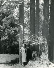 Old photo of watershed with woman in foreground