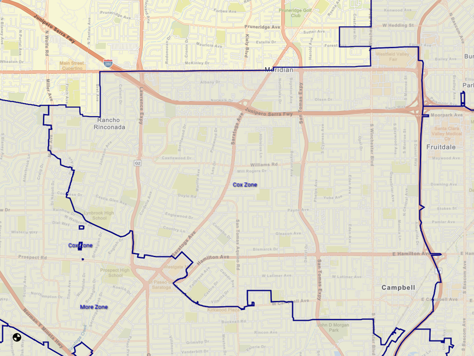 Map showing Cox pressure zone of SJW service area